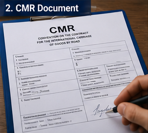 Транспортный документ CMR, используемый в европейских автоперевозках, с данными об отправке и подписями