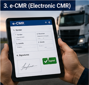 Водитель использует цифровой документ e-CMR на планшете во время перевозки