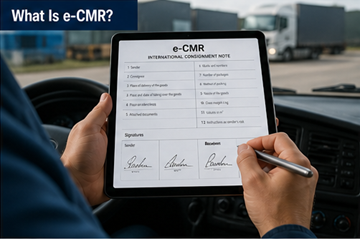 Цифровой документ CMR на экране планшета, который использует водитель в логистической среде автоперевозок