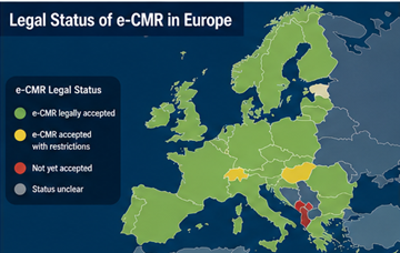Карта Европы со странами, где e-CMR юридически признан для цифровых транспортных документов