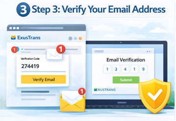 Подтверждение email на ExusTrans с использованием цифрового кода во время регистрации клиента