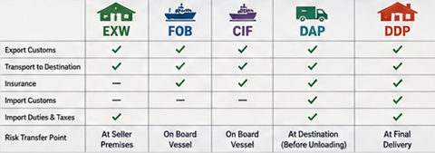 Сравнение ответственности по EXW, FOB, CIF, DAP и DDP в международных перевозках