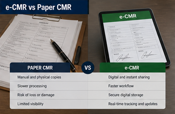 Сравнение бумажного документа CMR и цифрового e-CMR на планшете, демонстрирующее трансформацию современной логистики