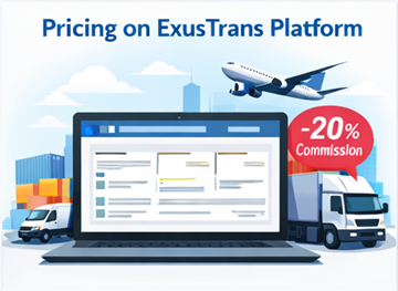 Панель платформы ExusTrans с вариантами перевозок: экспресс, фиксированная цена и распределение, с системой комиссии 20 процентов