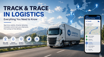 Современная система track and trace в логистике, показывающая видимость перевозок, GPS-отслеживание грузов и мониторинг доставки в реальном времени по всей Европе