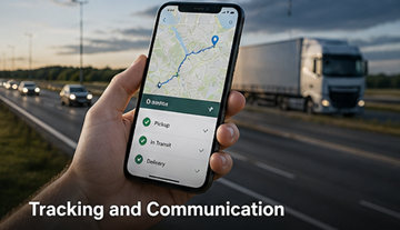GPS-отслеживание перевозки: грузовик, логистическая платформа в реальном времени, коммуникация водитель-клиент